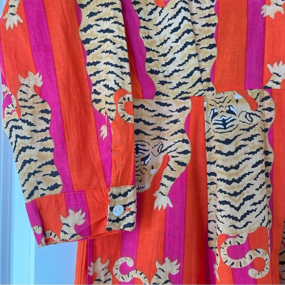 Guadalupe Luciana Tibet Tiger Stripes Hand Block Print Pure Indian Cotton Dress - Picture 4 of 16